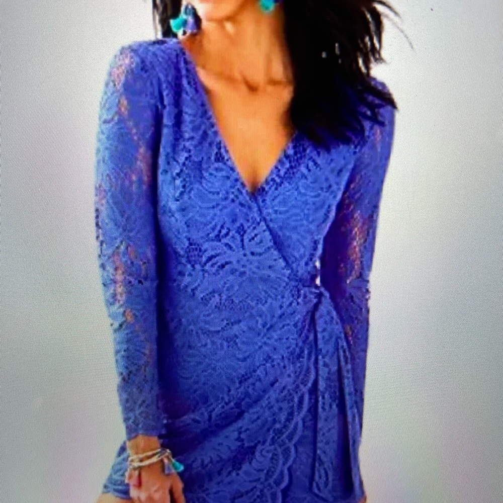 NWT Lilly Pulitzer Beckon Blue Paradise Found Lace Tiki Wrap Romper Size Medium